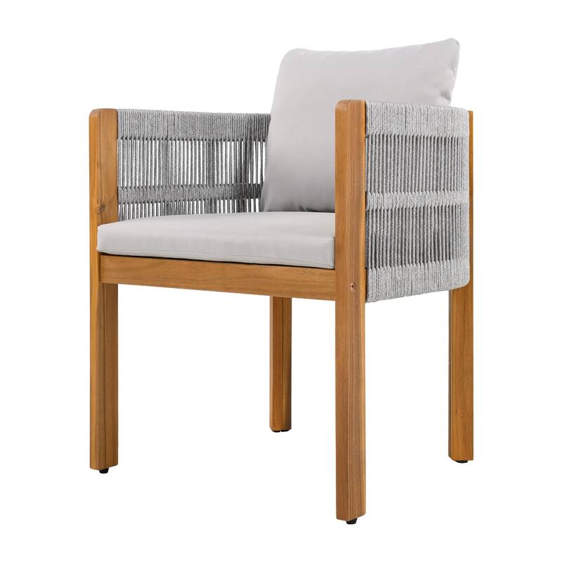 Roomfitters 7-Piece Outdoor Dining Set, Acacia Wood Patio Table and 6 Rope Woven Armchairs with Cushions