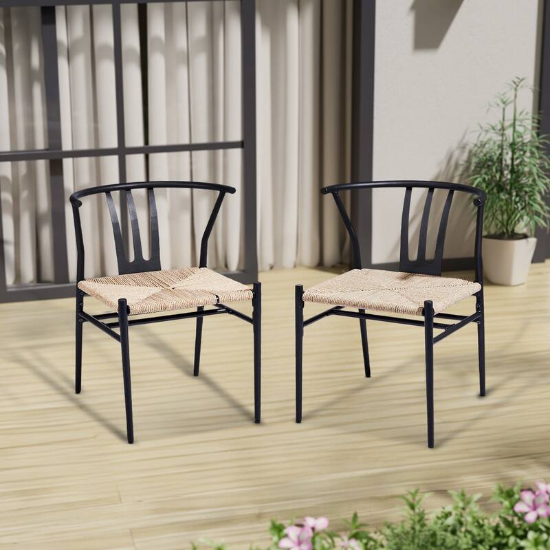 Set of 4 Hand-Woven Rope Dining Chairs with Metal Frame and Curved Back Ergonomic Design - 23” x 18.3” x 31.5”