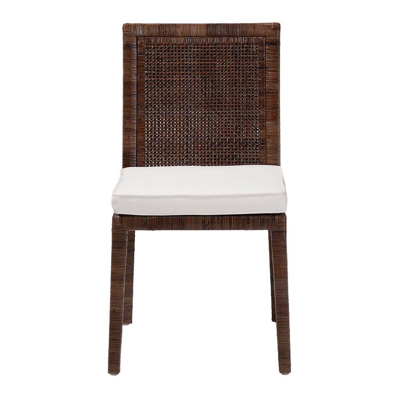 Sofia Rattan Dining Chair with Cushion - Handwoven Wicker Side Chair with Mahogany Wood Frame, Coastal Boho Style Indoor Seating