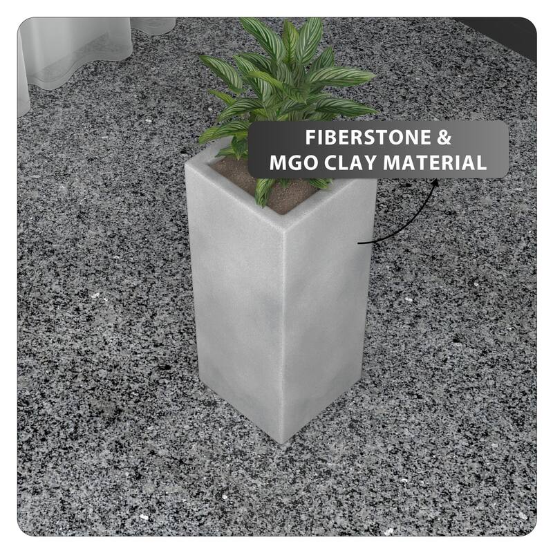 Terra Modern Tall Square Column Planter Sleek Fiberstone & MgO Clay Pedestal Pot - Weather-Resistant Front Door & Entryway Decor