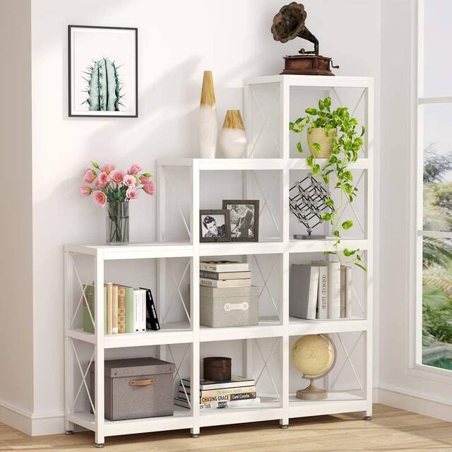 12 Shelves Ladder Bookshelf, Industrial Corner Bookshelf - White
