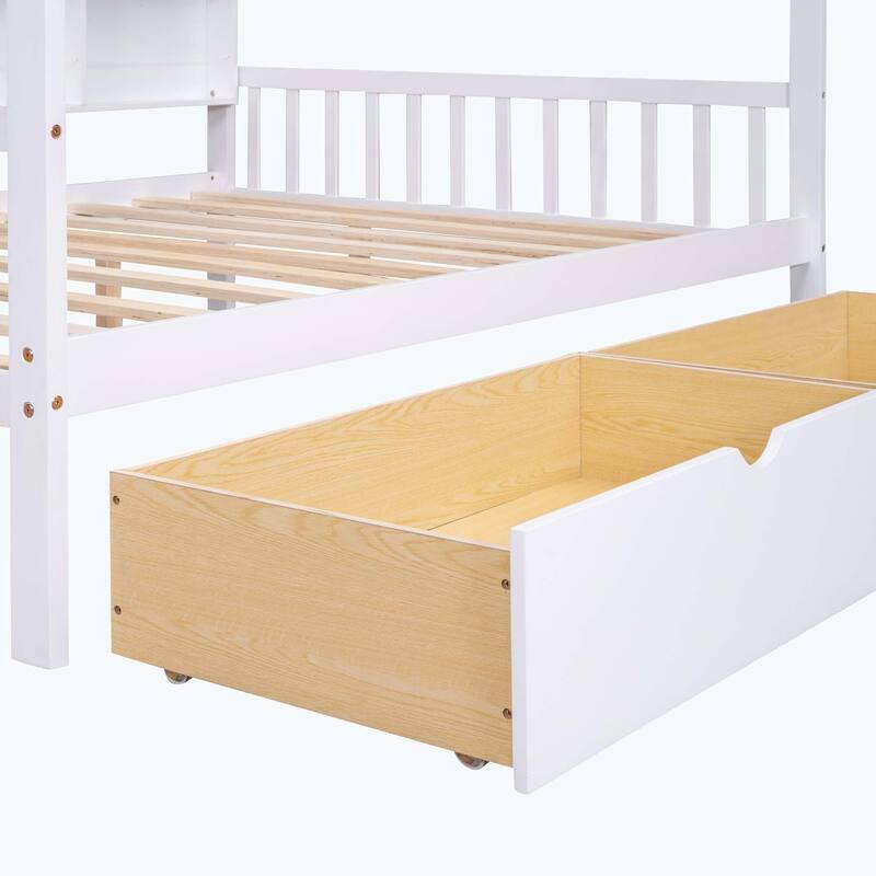 Comfortable Wooden House Bed with 2 Drawers,Kids Bed with Storage Shelf