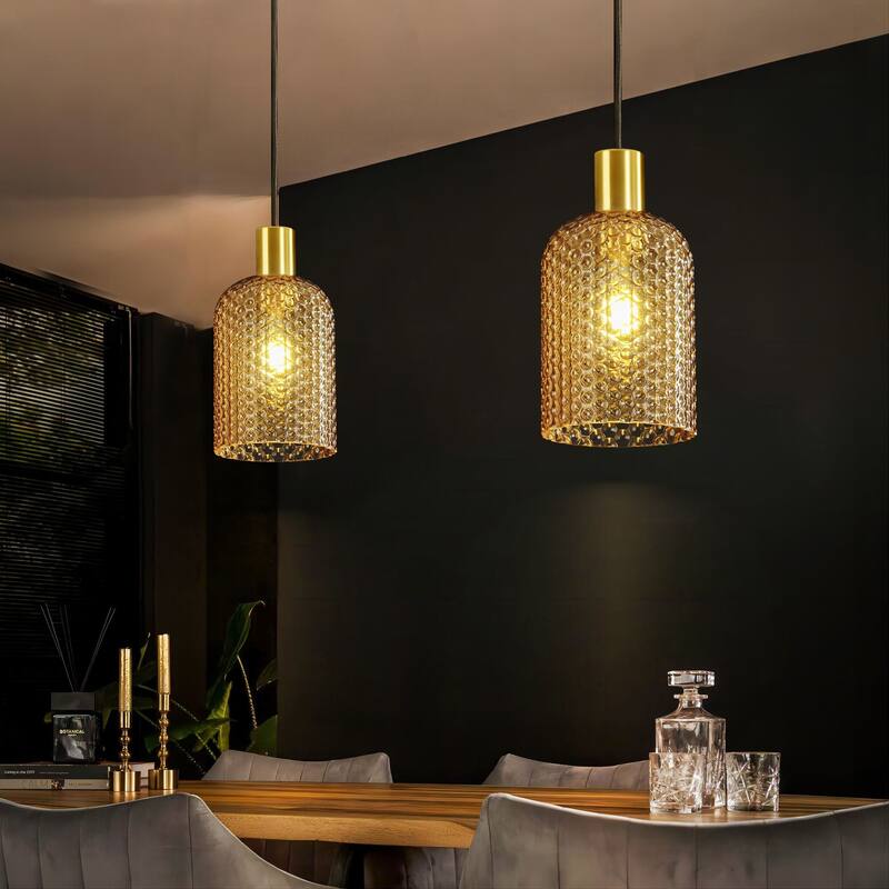 1/3-Light Modern Glam Bell-Shaped Adjustable Island Pendant Light with Clear/Blue/Amber Textured Glass