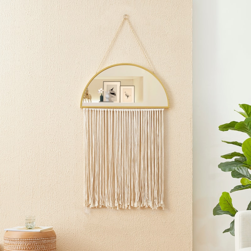 Glitzhome Regency Modern/Boho Metal Semi-moon Specialty Wall Mirror With Tassels Drawing Room Bedroom Decor