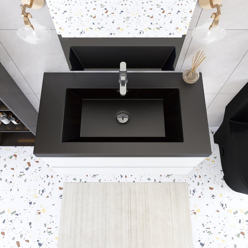 24/30/36 inch Wall-Mounted Bathroom Vanity Set in White with Integrated Black Resin Sink