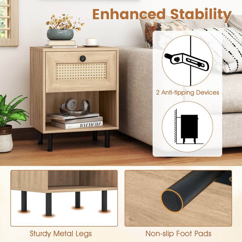 Costway 1/2 PCS Rattan Nightstand Boho End Table with Drawer & Open - See Details