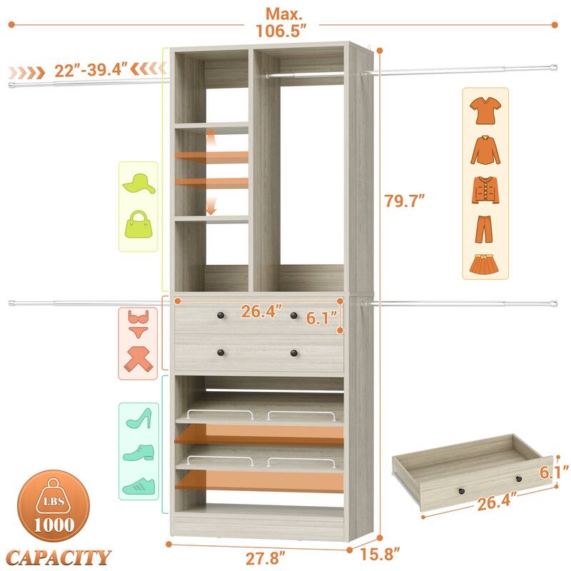 Closet Organizer with 5 Hanging Rods and 2 Drawers, Adjustable Closet System with Shelves and Shoe Rack