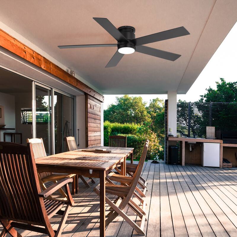 52-inch Black Flush Mount Ceiling Fan with LED Light and Remote