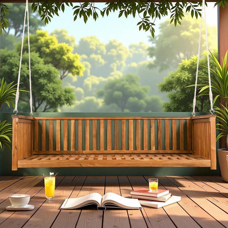 Acacia Wood Twin-Size Porch Swings Bed with 350lb Capacity, Includes Hemp Ropes and Sloped Safety Design - Teak