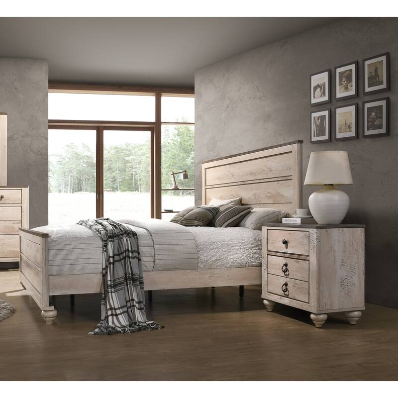 Imerland Contemporary White Wash Finish 3-Piece Bedroom Set-Queen Bed and Two Nightstands