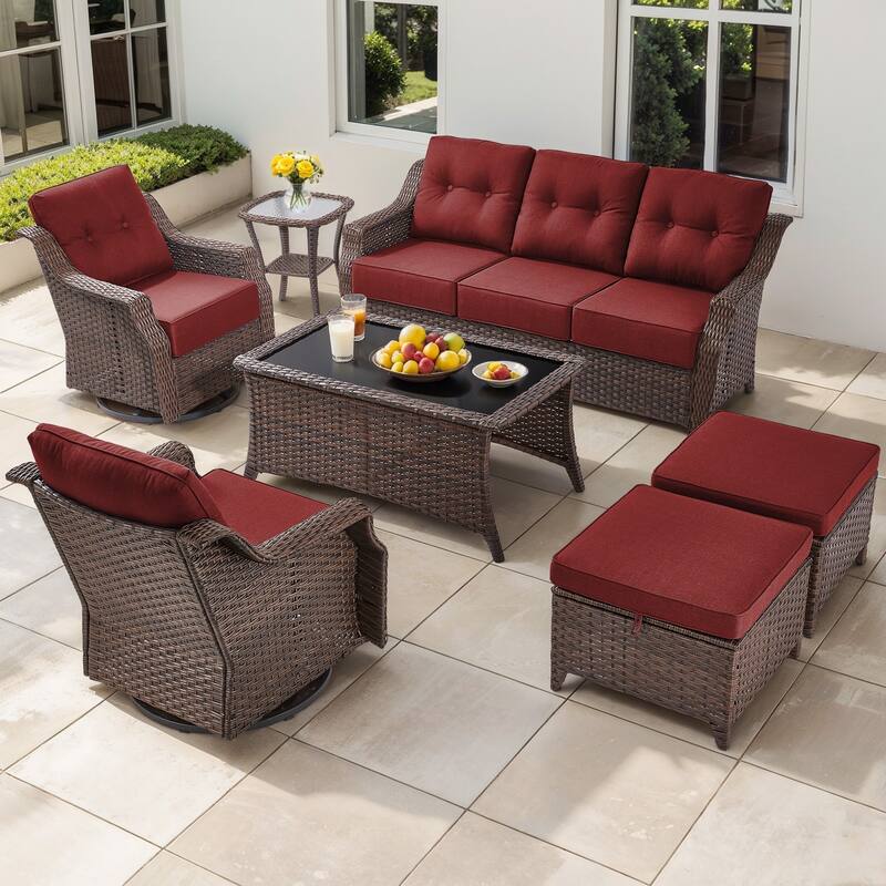 Gymojoy Wicker Patio Furniture Sofa Set, 6-Inch Ultra Thick Cushioned 360°Swivel Glider Chairs & Sofa Set