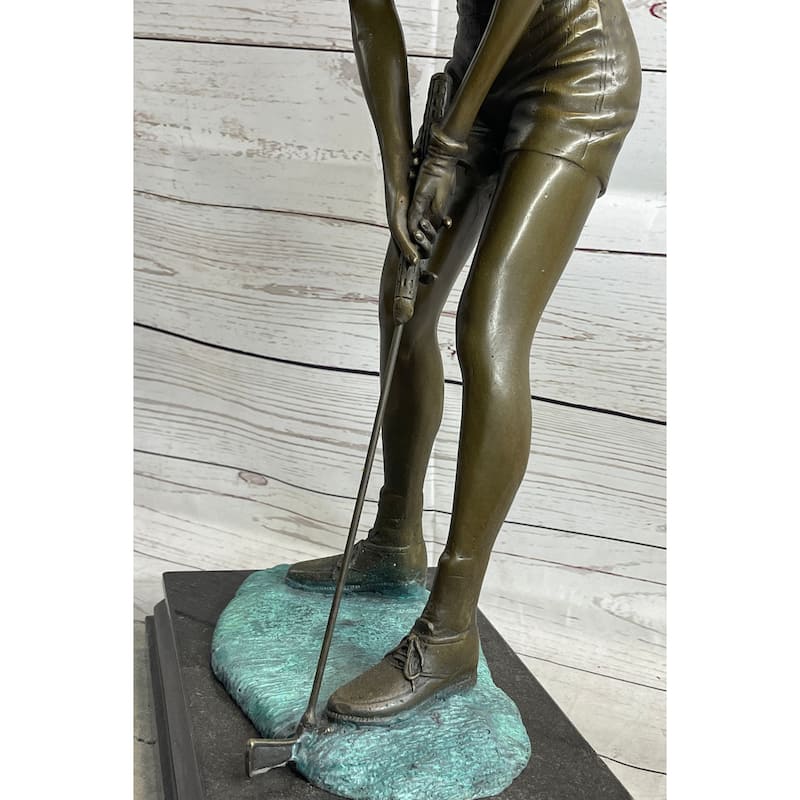 Female Golfer Bronze Metal Statue Sculpture Trophy Figure On Marble Base By Milo
