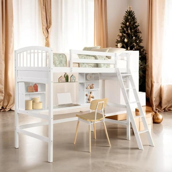 slide 2 of 15, Twin Size Loft Bed with Wooded Desk And Two Corner Shelves,Muti-Functional Loft Bed White