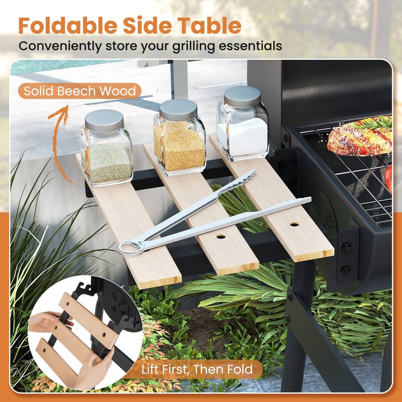 Gymax Barrel Charcoal Grill w/Foldable Side Table Built-in Thermometer