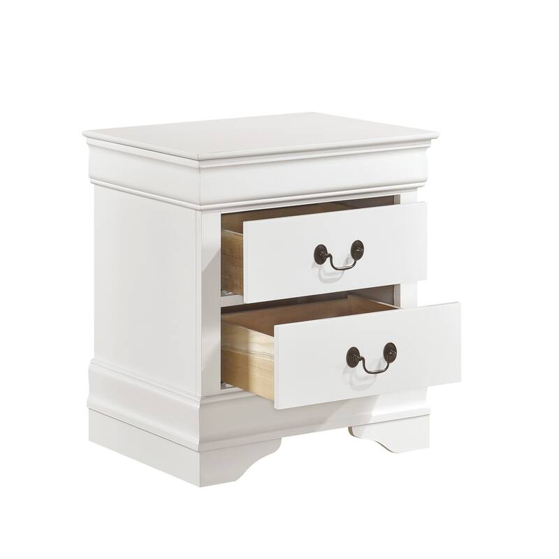 Traditional White Nightstand, Antique Drop Handles, Drawers, Bedside Table - White