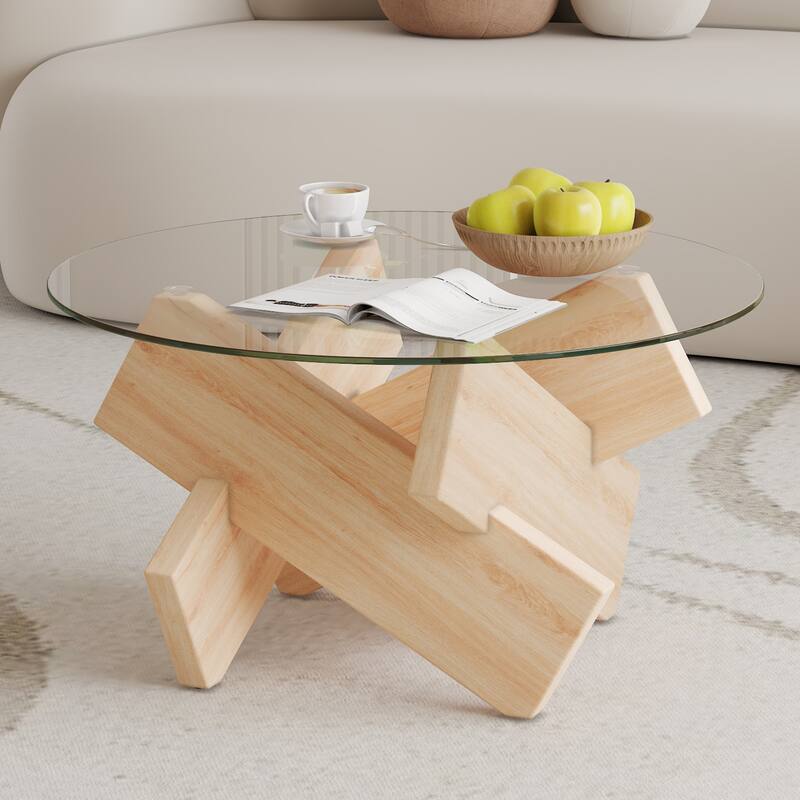 GDFStudio Marcellus Tempered Glass Coffee Table with Textured Legs