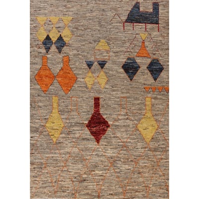 Geometric Brown Moroccan Oriental Area Rug Hand-Knotted Wool Carpet - 6'10" x 9'8"