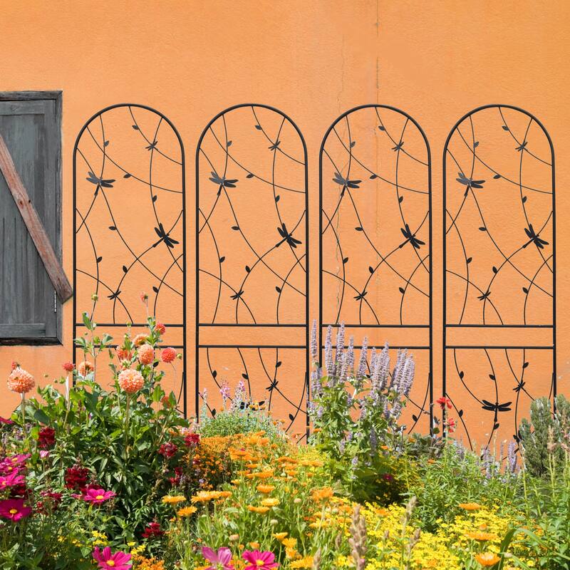 4 Pack Metal Garden Trellis 86.7" x 19.7" Rustproof Trellis for Climbing Plants Outdoor Flower Support Dragonfly Deco