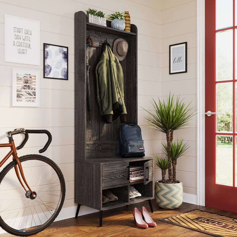 RiverRidge Woodbury Hall Tree with Entryway Bench, Shoe Storage, Coat Hooks & Cubby Storage - Weathered Woodgrain