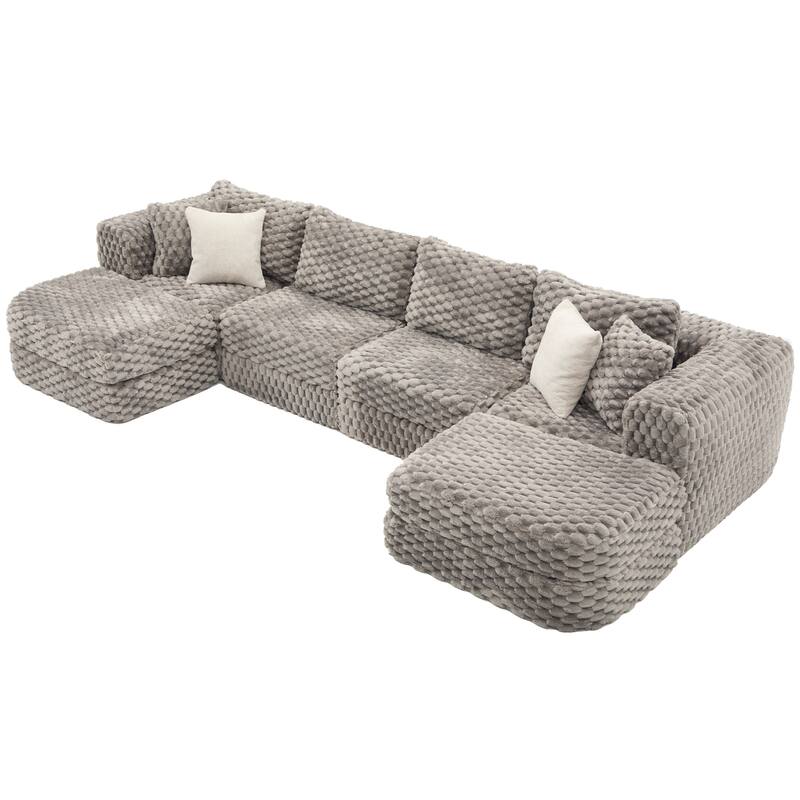Modular Sectional Sofa with Bubble Velvet Upholstery, 2 Movable Ottomans and 4 Throw Pillows for Living Room