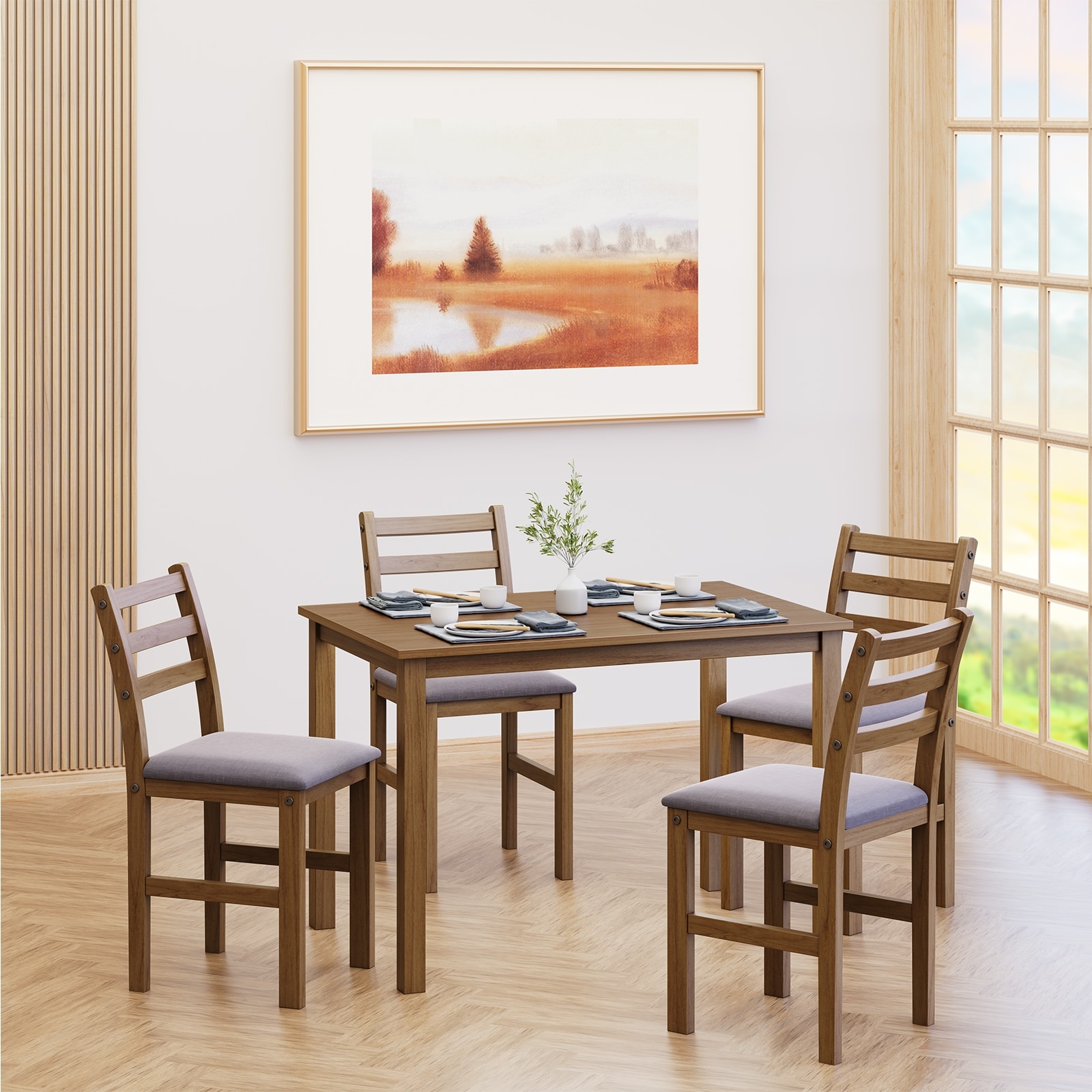 5PCS Stylish Dining Table Set Upholstered Chairs with Ladder