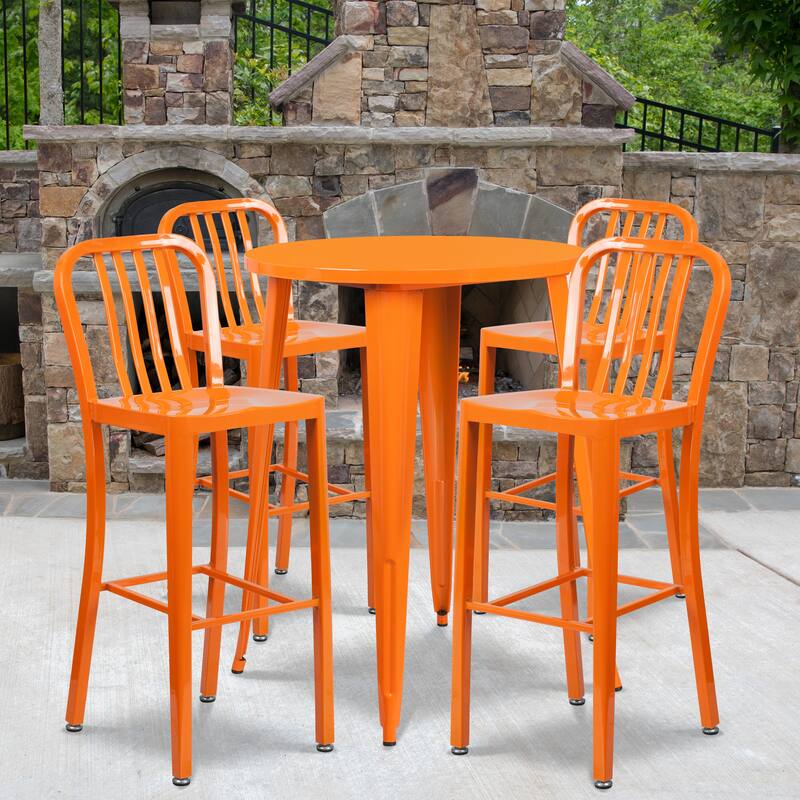 30'' Round Metal Indoor-Outdoor Bar Table Set with 4 Vertical Slat Back Stools - 30"W x 30"D x 41"H - 30"W x 30"D x 41"H