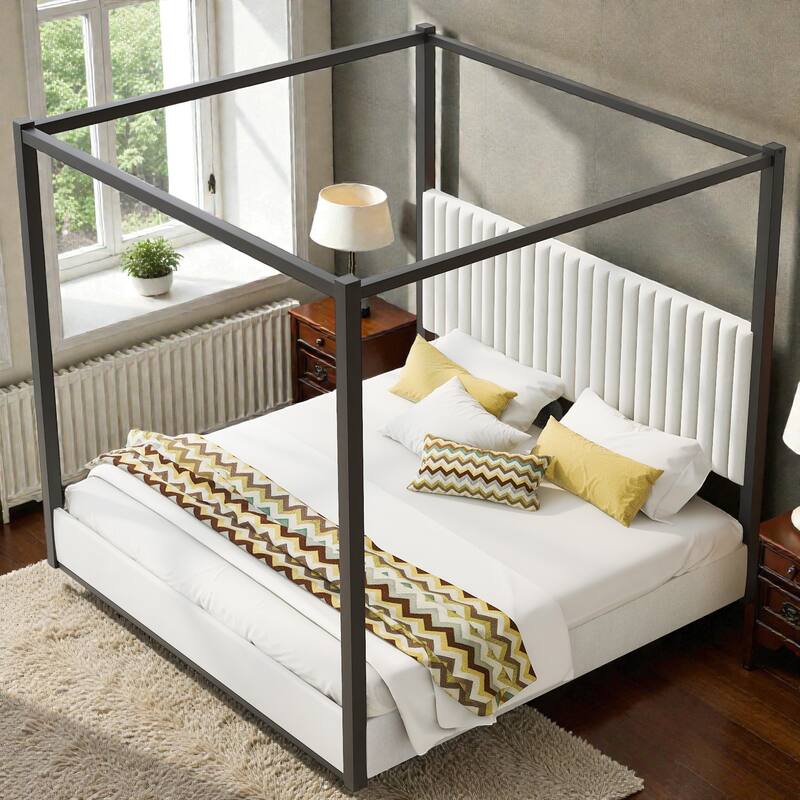 Upholstered Canopy Platform Bed with Headboard, Metal Frame Queen King Bed, No Box Spring Needed
