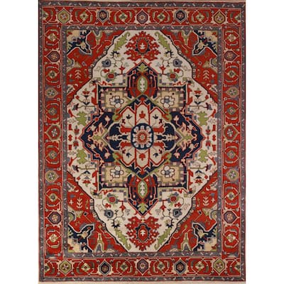 Ivory & Orange Heriz Serapi Indian Area Rug Handmade Wool Carpet - 8'11"x 11'9"