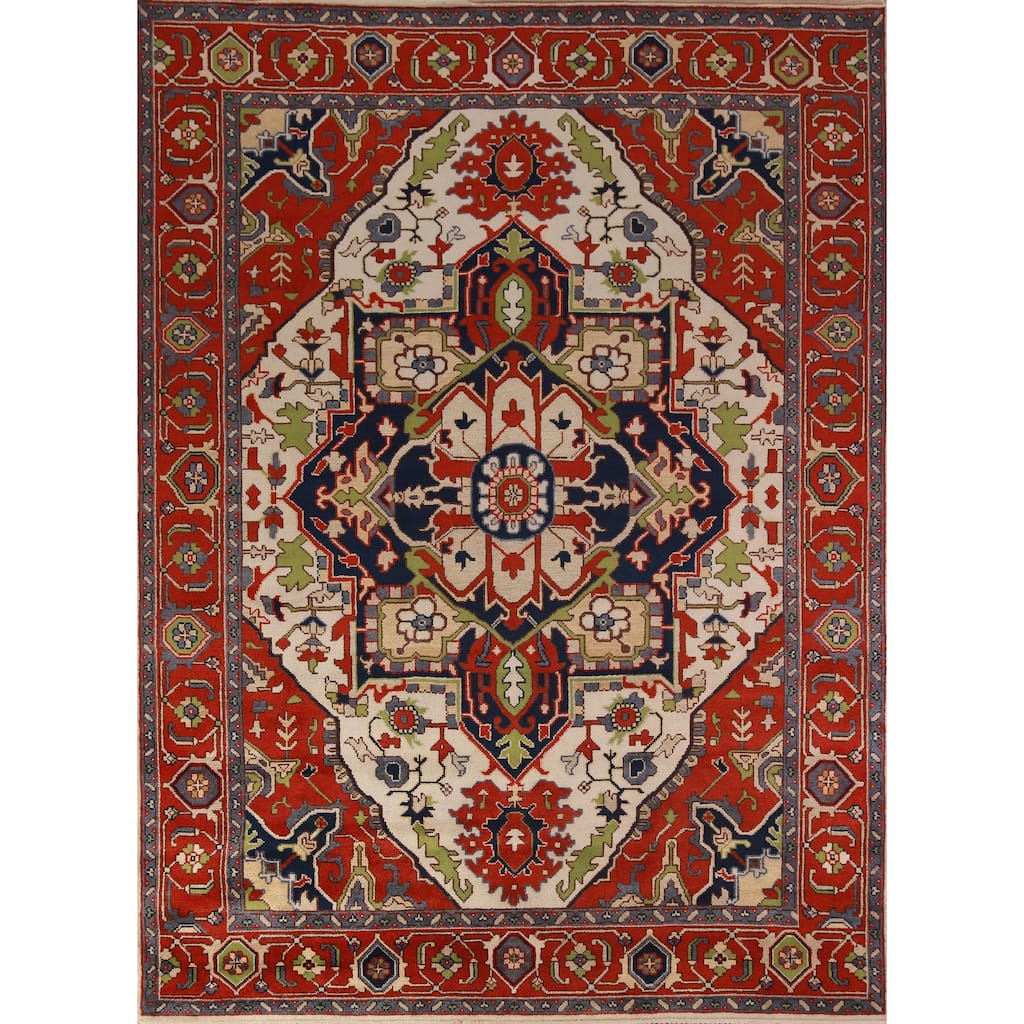 Ivory & Orange Heriz Serapi Indian Area Rug Handmade Wool Carpet - 8'11"x 11'9"