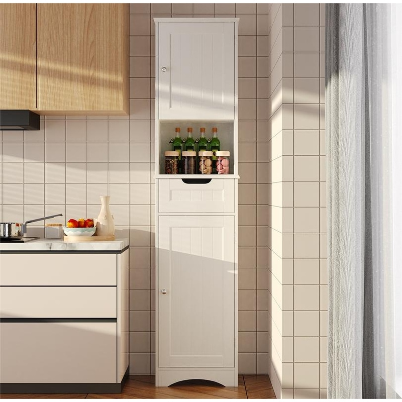 67" H Tall Bathroom Cabinet Narrow Linen Tower, Storage Cabinet with 2 Doors & Drawer
