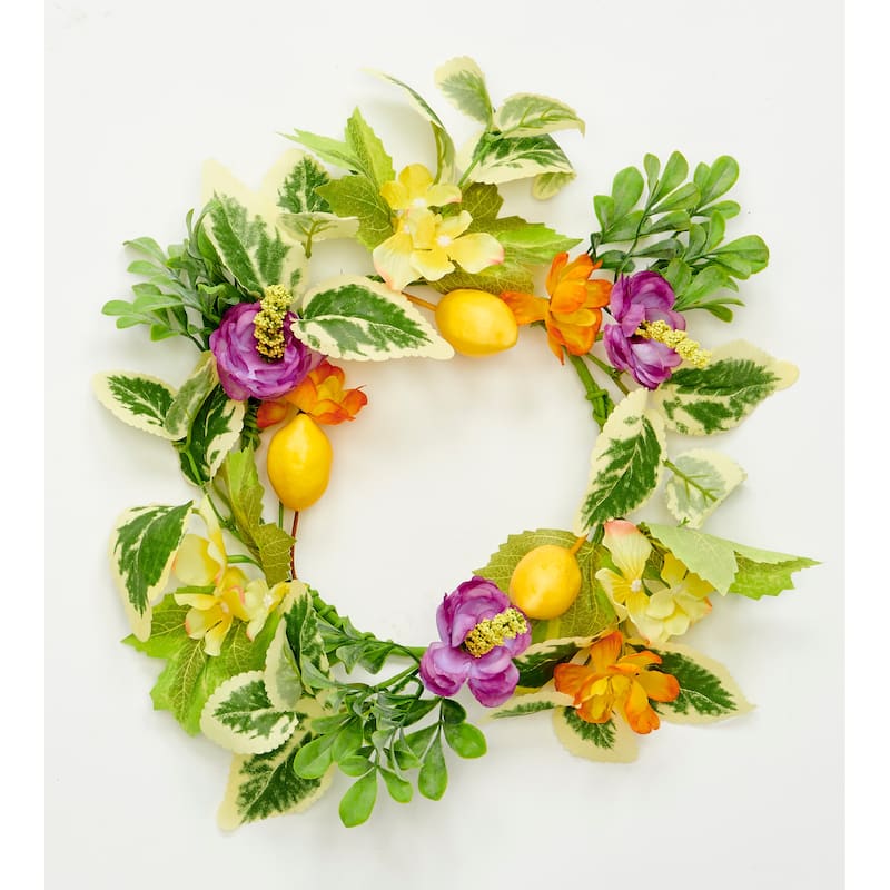 13" Lemon, Flowers and Green Leaves Candle Ring, 6.5" Inner Diameter - 13