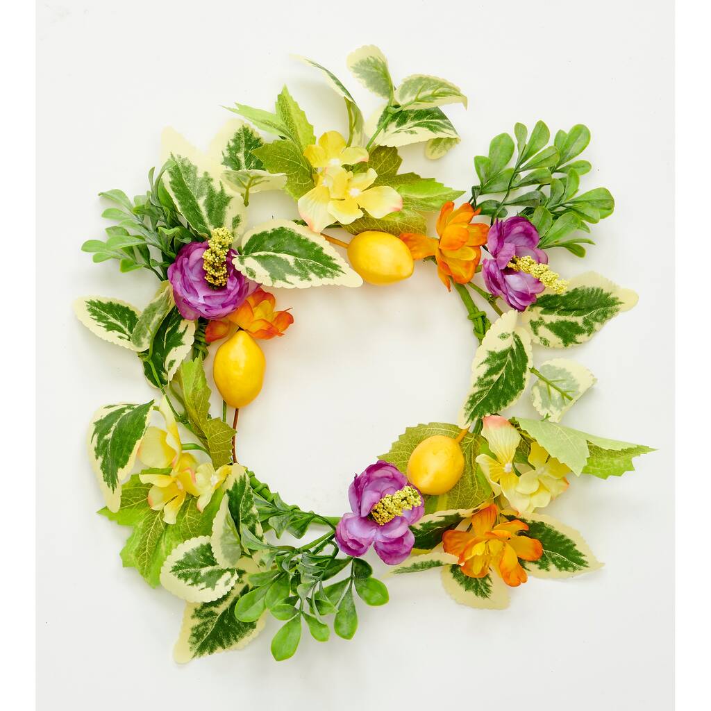 13" Lemon, Flowers and Green Leaves Candle Ring, 6.5" Inner Diameter - 13