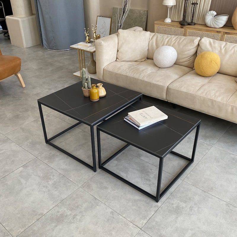 Nesting Table Set End Side Table Sintered Stone for Living Room - 27.5x27.5x18.9 inch