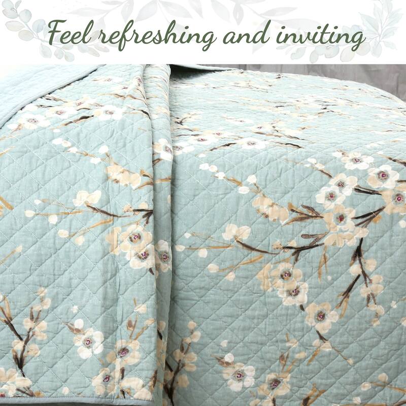 Cozy Line Cream Cherry Blossom Floral Cyan Blue Green Quilt Bedding Set