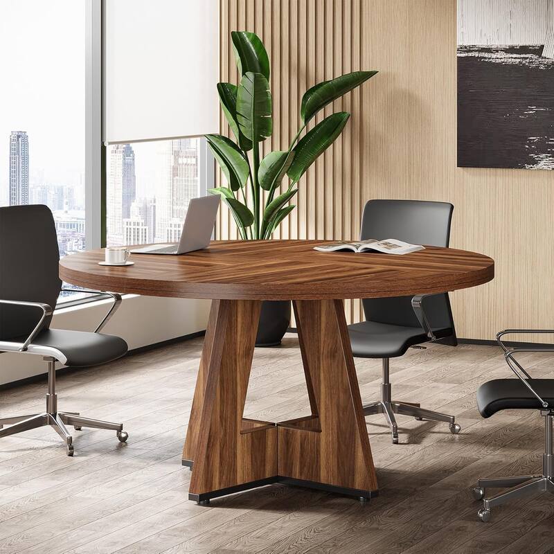 47" Round Conference Table Meeting Room Table with Thickened Top Wood Base Modern Training Desk for Conference/Seminar Room - Brown