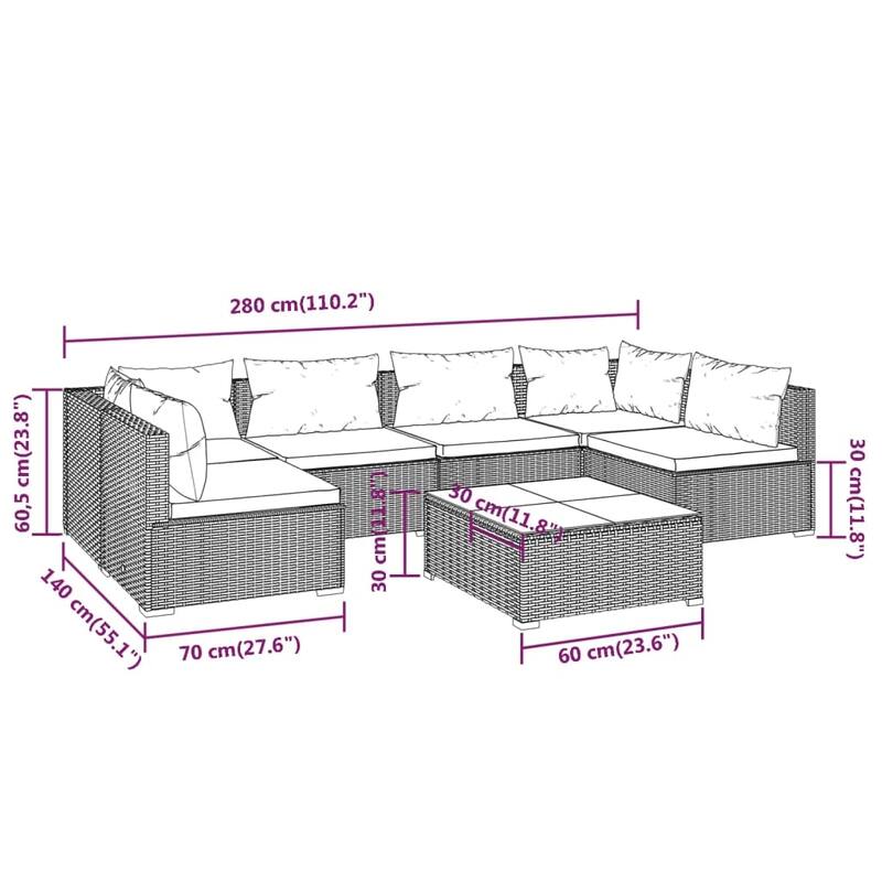 vidaXL 7 Piece Patio Lounge Set with Cushions Poly Rattan Brown - 27.6" x 27.6" x 24" - 27.6" x 27.6" x 24"