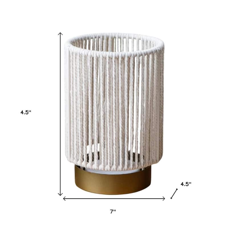 HomeRoots Set of Two 5" Off White Battery Operated Bedside Lamps With Rope Cylinder Shades - 7.00 in. x 4.50 in. x 4.50 in.