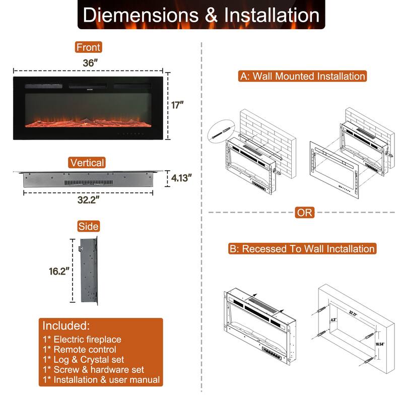 Clihome Ultra-thin Recessed Wall-Mounted Electric Fireplace