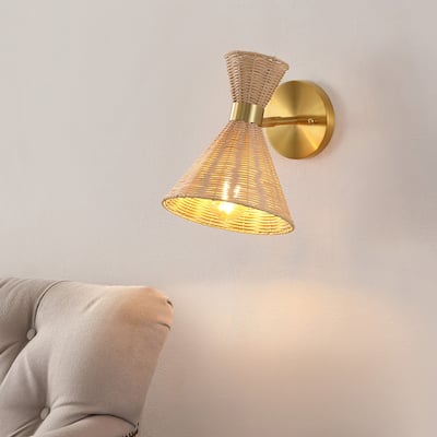 Kiawah 10" 1-Light Mid-Century Vintage Retro Rattan/Metal LED Sconce with Adjustable Shade, by JONATHAN Y