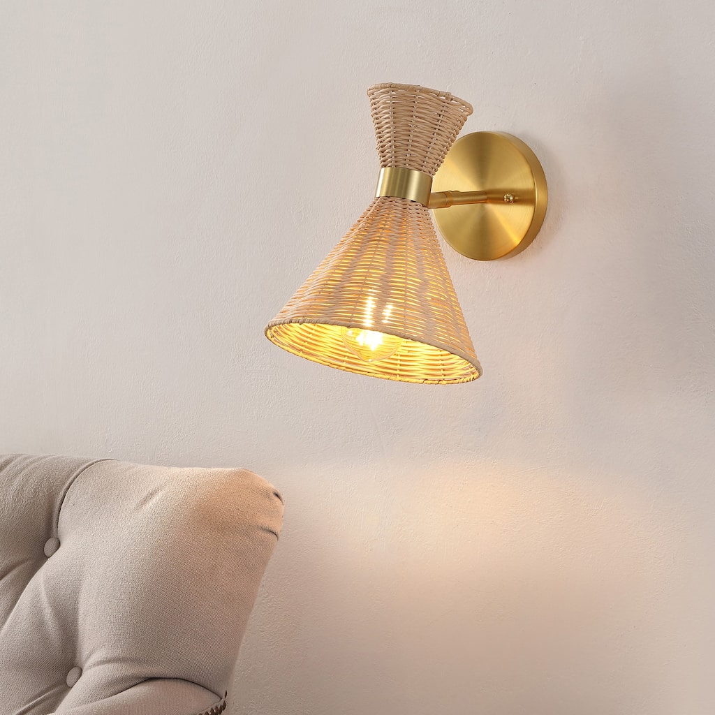 Kiawah 10" 1-Light Mid-Century Vintage Retro Rattan/Metal LED Sconce with Adjustable Shade, by JONATHAN Y