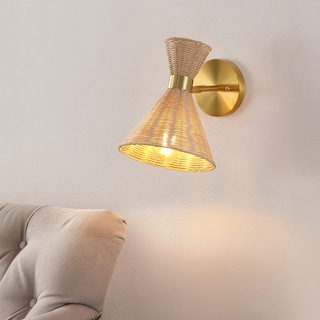 Kiawah 10" 1-Light Mid-Century Vintage Retro Rattan/Metal LED Sconce with Adjustable Shade, by JONATHAN Y