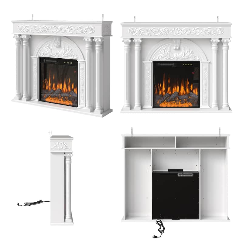 Solid Wood Electric Fireplace TV Stand with 12-Color LED Flame, White Wood Cabinet with Roman Columns, 1500W Heater