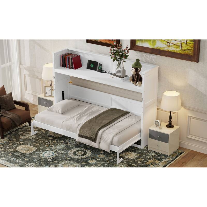 GDFStudio - Solid Wood Twin XL Murphy Bed with Desk, LED Light, USB Charging and Storage