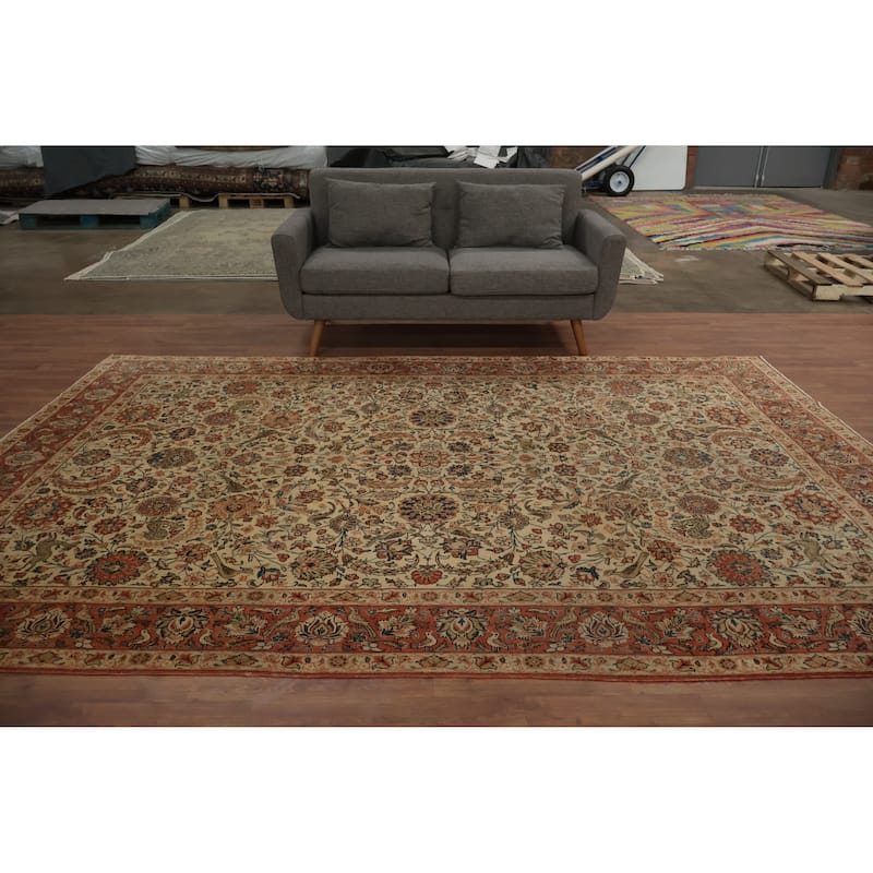 Hand Knotted Oriental 100% Wool Carpet Traditional Floral Beige & Ivories Qum Area Rug - 10' 11'' X 7' 2''