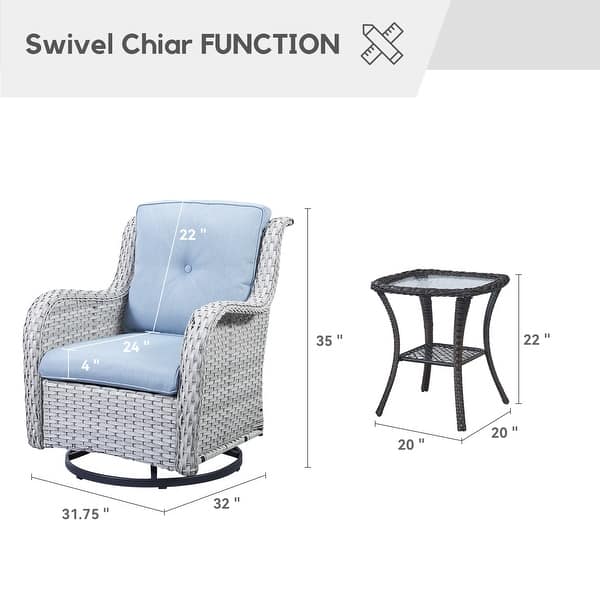 dimension image slide 4 of 11, Gymojoy 3 Piece Outdoor Wicker Swivel Rocker with Cushion & Table
