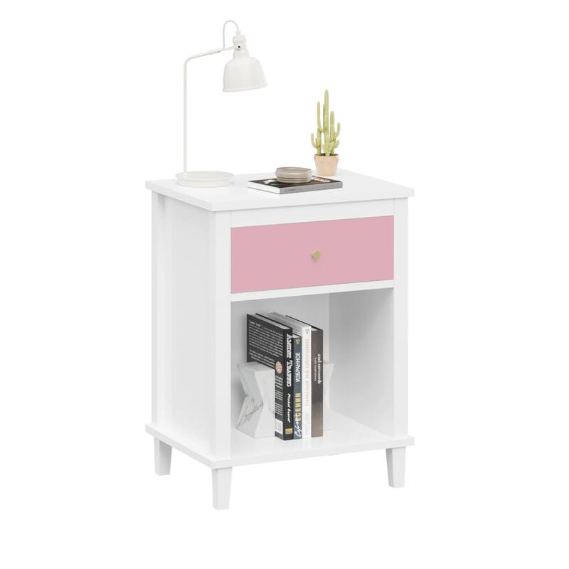 Wooden 2-Tier Kids Nightstand Small Side Table with Drawer and Open Shelf for Bedroom