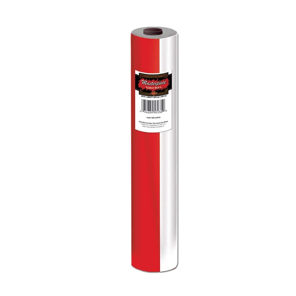Red and White Striped Disposable Plastic Banquet Party Table Roll 100'