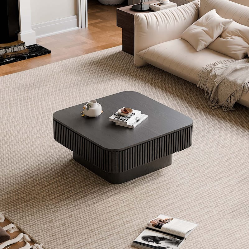 Modern Fluted Solid Wood Accent Coffee Table with Hidden Storage