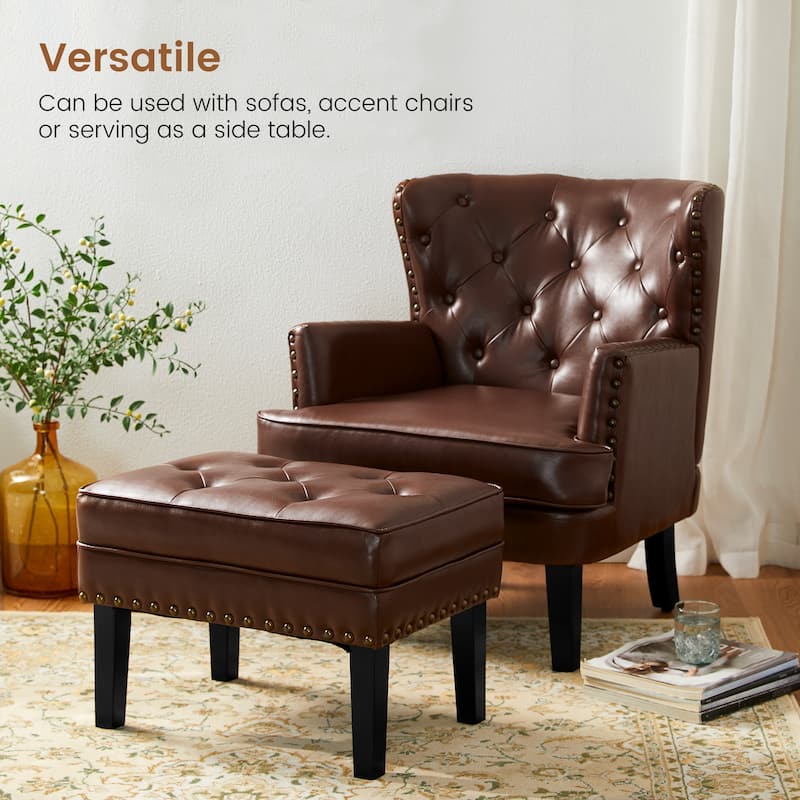 Glitzhome 22"W Mid-century PU Leather Tufted Ottoman Foot Stool