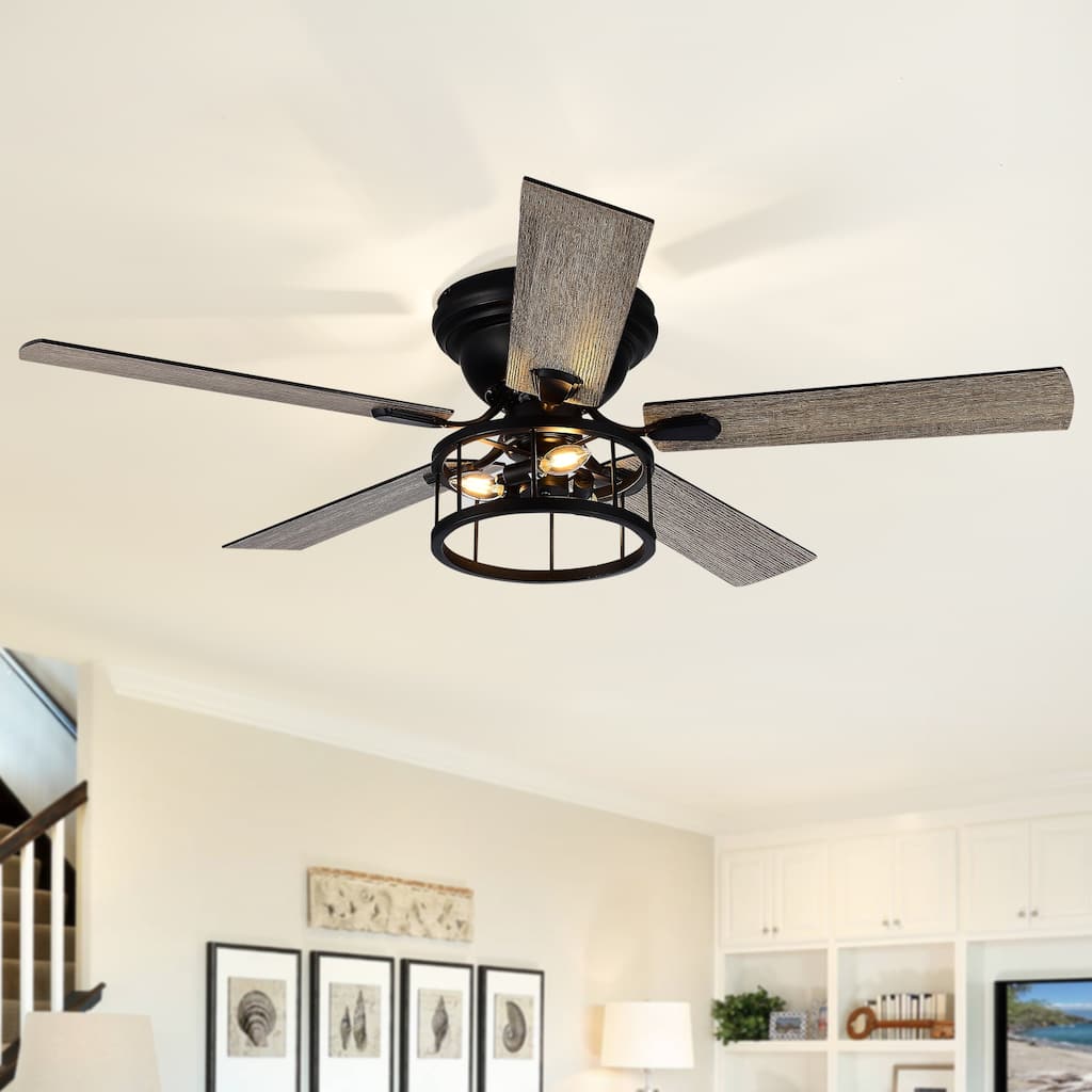 52 Inch Black Flush Mount Ceiling Fan with Lights Remote Control